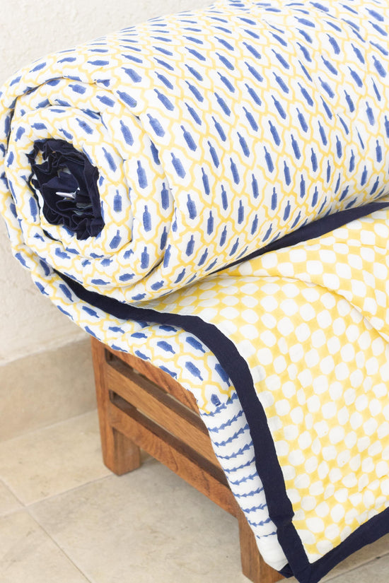 Sunrise Waves Cotton Comforter - Indian Kantha Quilt (Queen)