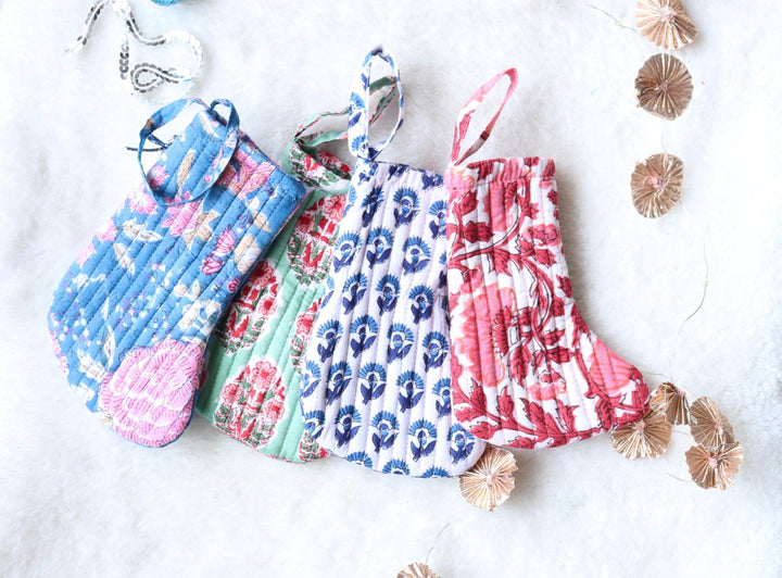 Set of Mini Christmas Stockings  - Colorful Holiday Decor - Block Print Cotton Stocking - Quilted Farmhouse Stocking - Handmade Ornaments