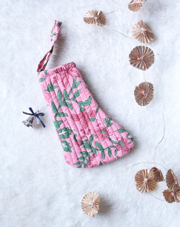 Set of Mini Christmas Stockings  - Colorful Holiday Decor - Block Print Cotton Stocking - Quilted Farmhouse Stocking - Handmade Ornaments