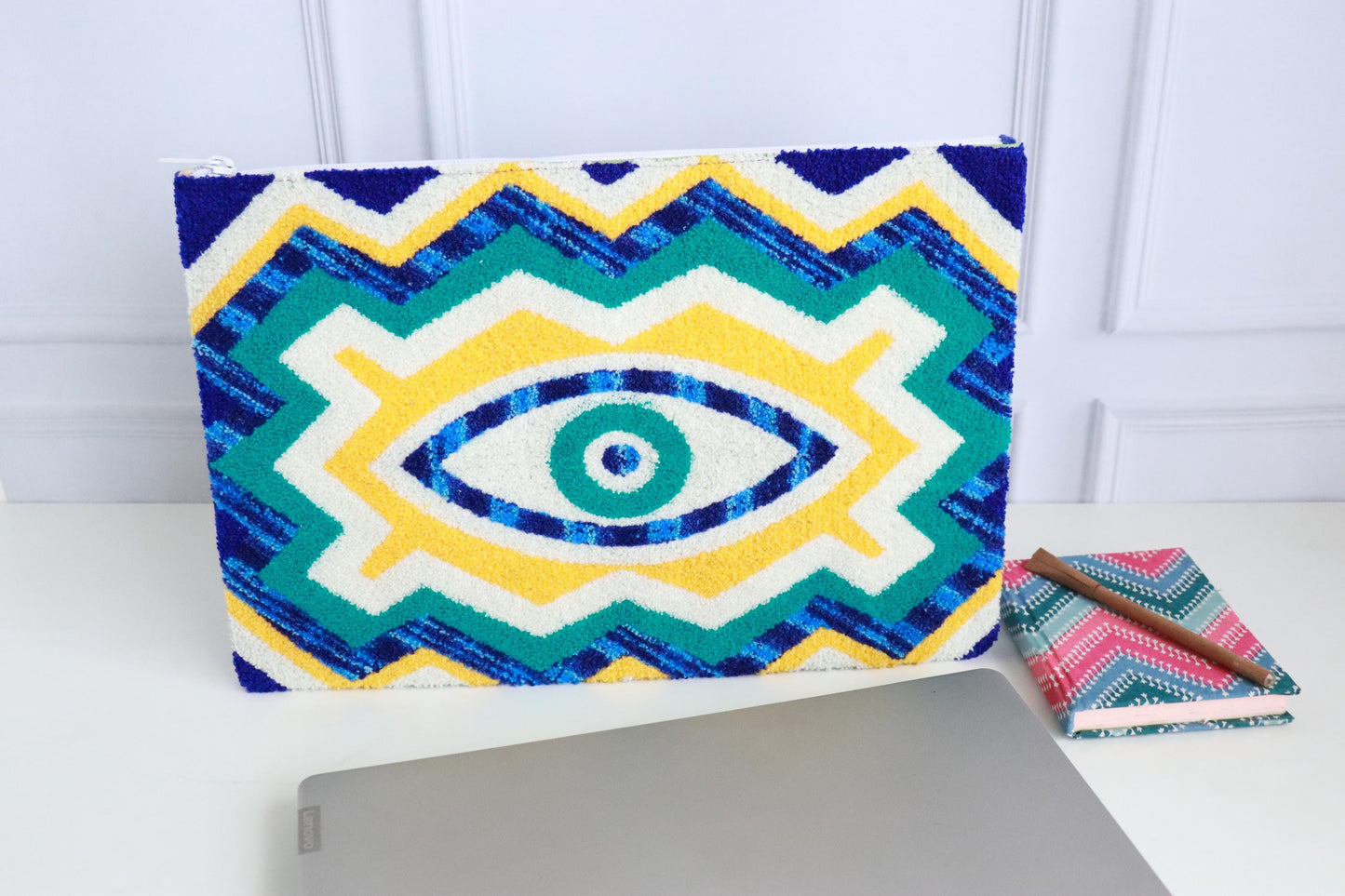 Evil Eye Punch Needle Laptop Sleeve | Handmade MacBook & Tablet Case | 8”, 11”, 13” Sizes | Boho Tech Sleeve | Protective Gift for Students