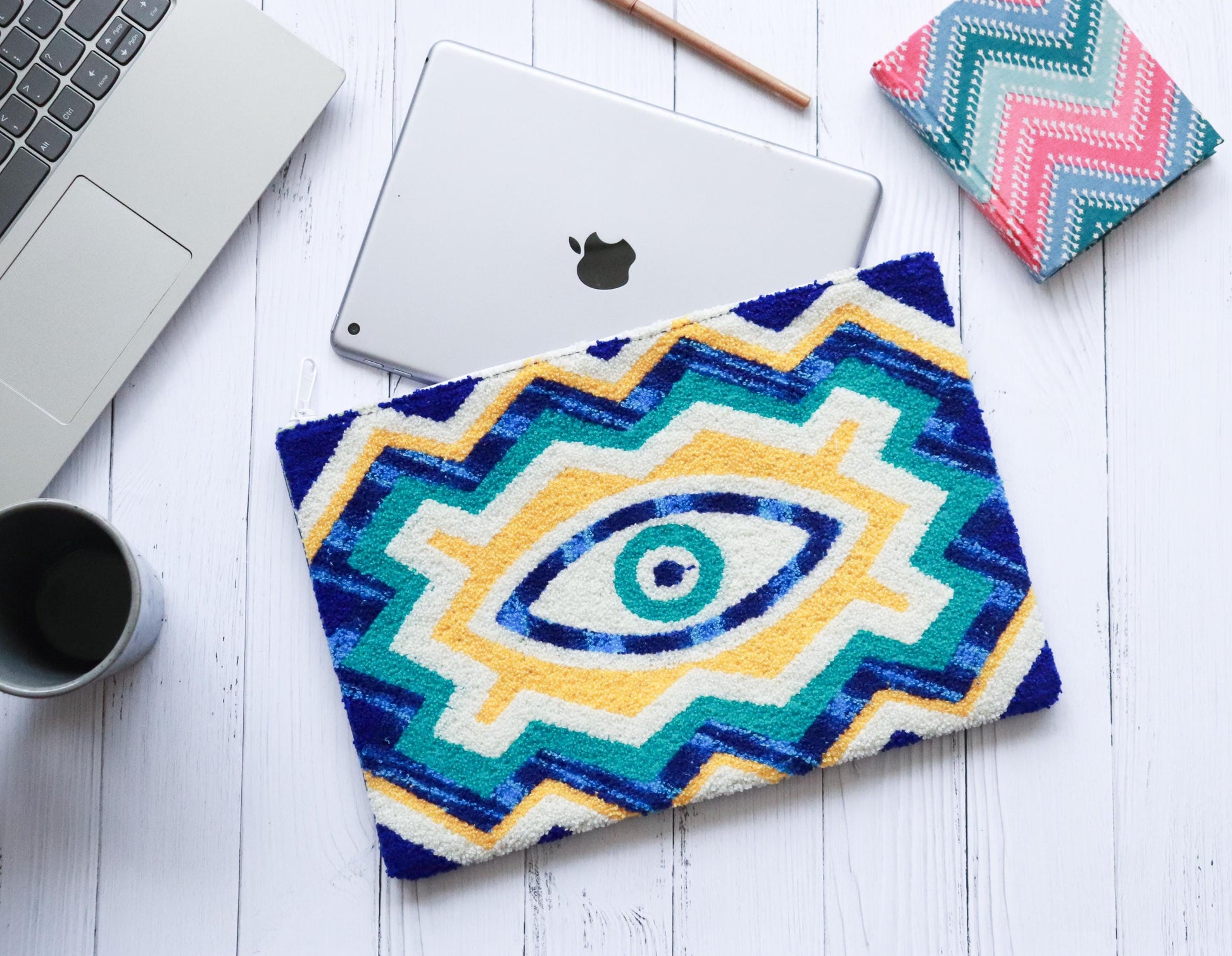 Evil Eye Punch Needle Laptop Sleeve | Handmade MacBook & Tablet Case | 8”, 11”, 13” Sizes | Boho Tech Sleeve | Protective Gift for Students