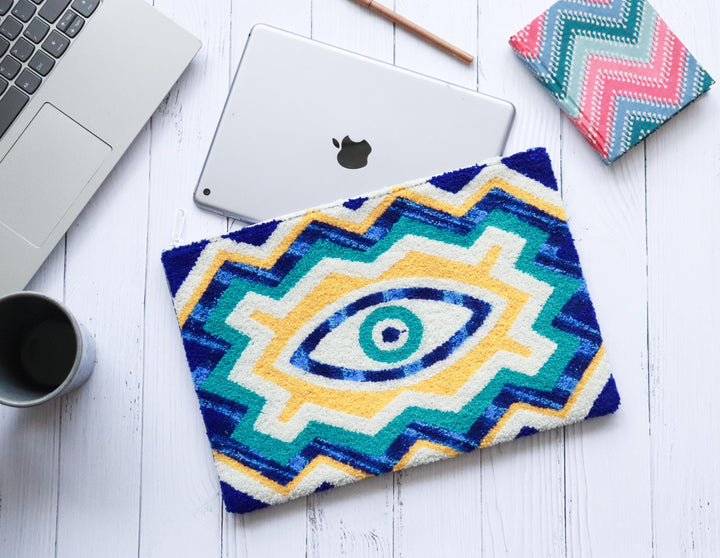 Evil Eye Punch Needle Laptop Sleeve | Handmade MacBook & Tablet Case | 8”, 11”, 13” Sizes | Boho Tech Sleeve | Protective Gift for Students