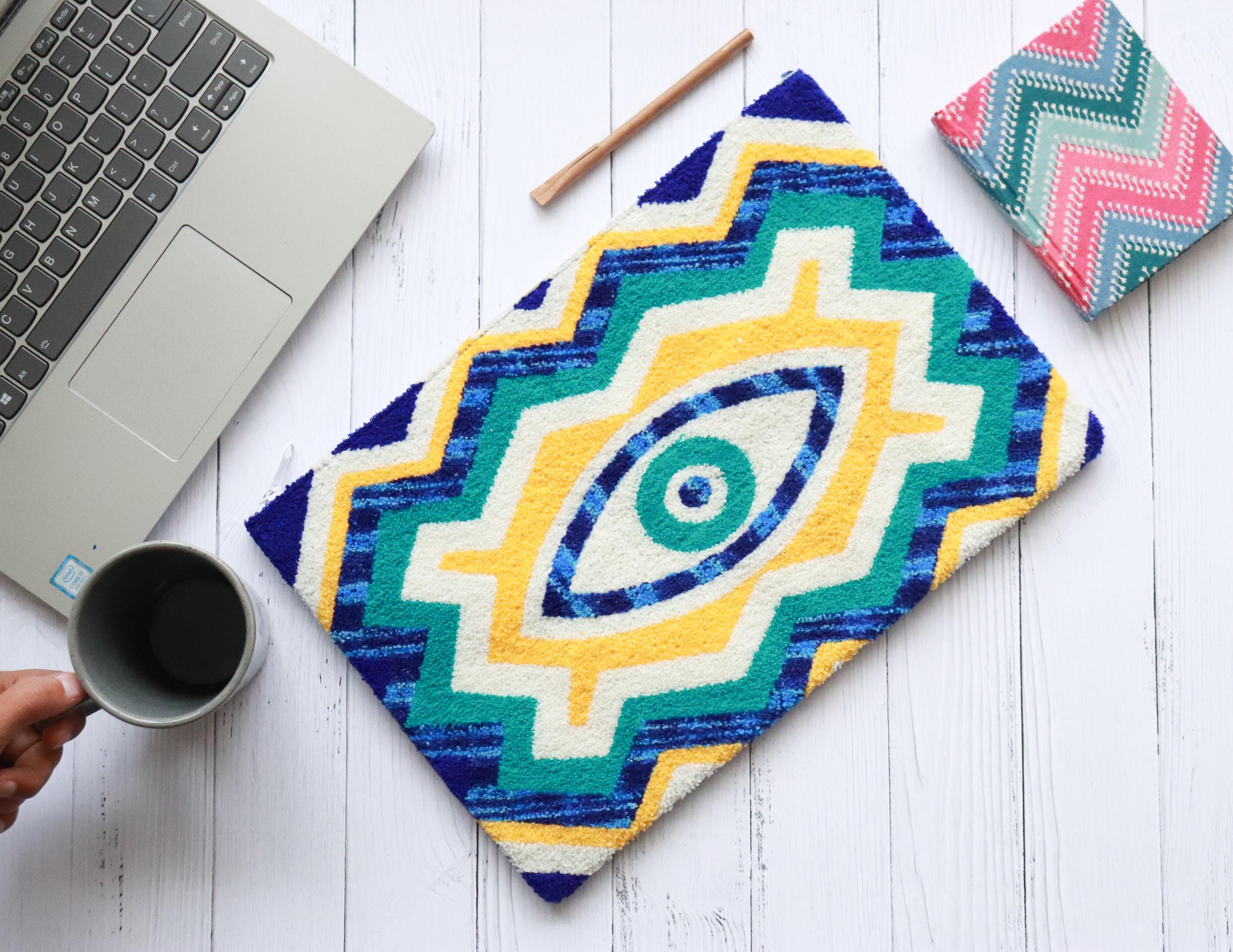 Evil Eye Punch Needle Laptop Sleeve | Handmade MacBook & Tablet Case | 8”, 11”, 13” Sizes | Boho Tech Sleeve | Protective Gift for Students