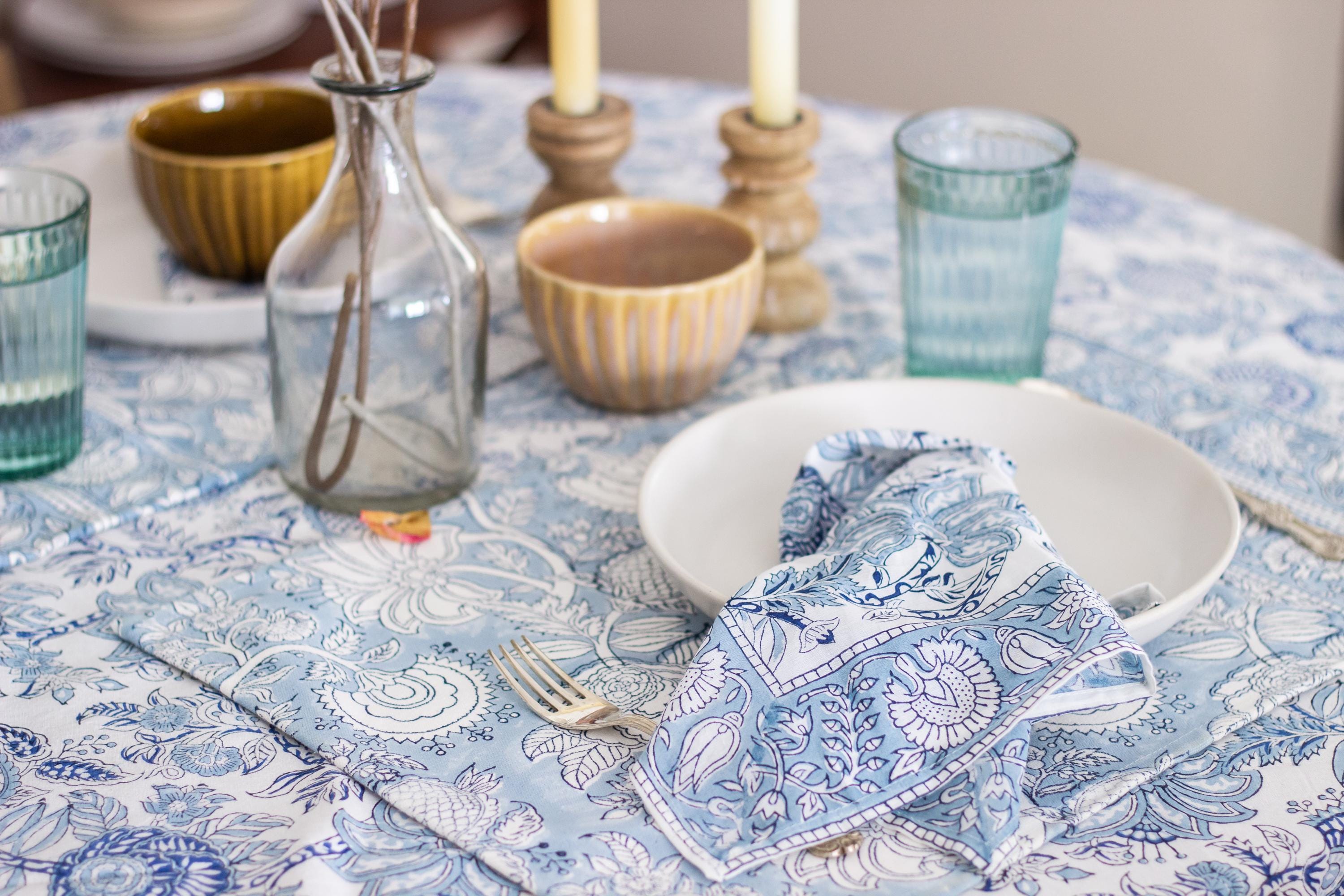Blue Floral Block Print Cotton Placemats - Set of 6