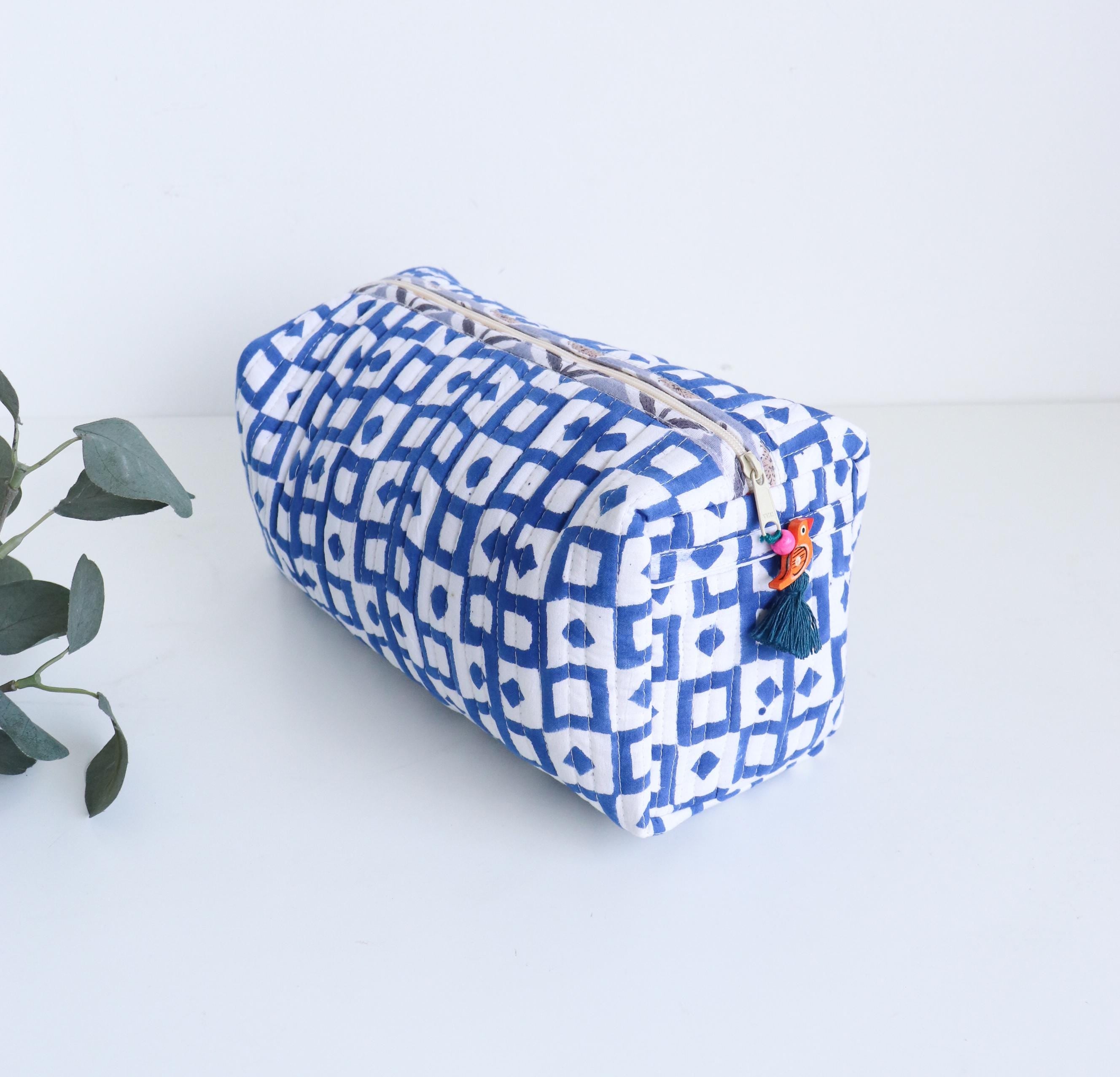 Floral Block Print Quilted Cosmetic Bag – Travel Toiletry Pouch