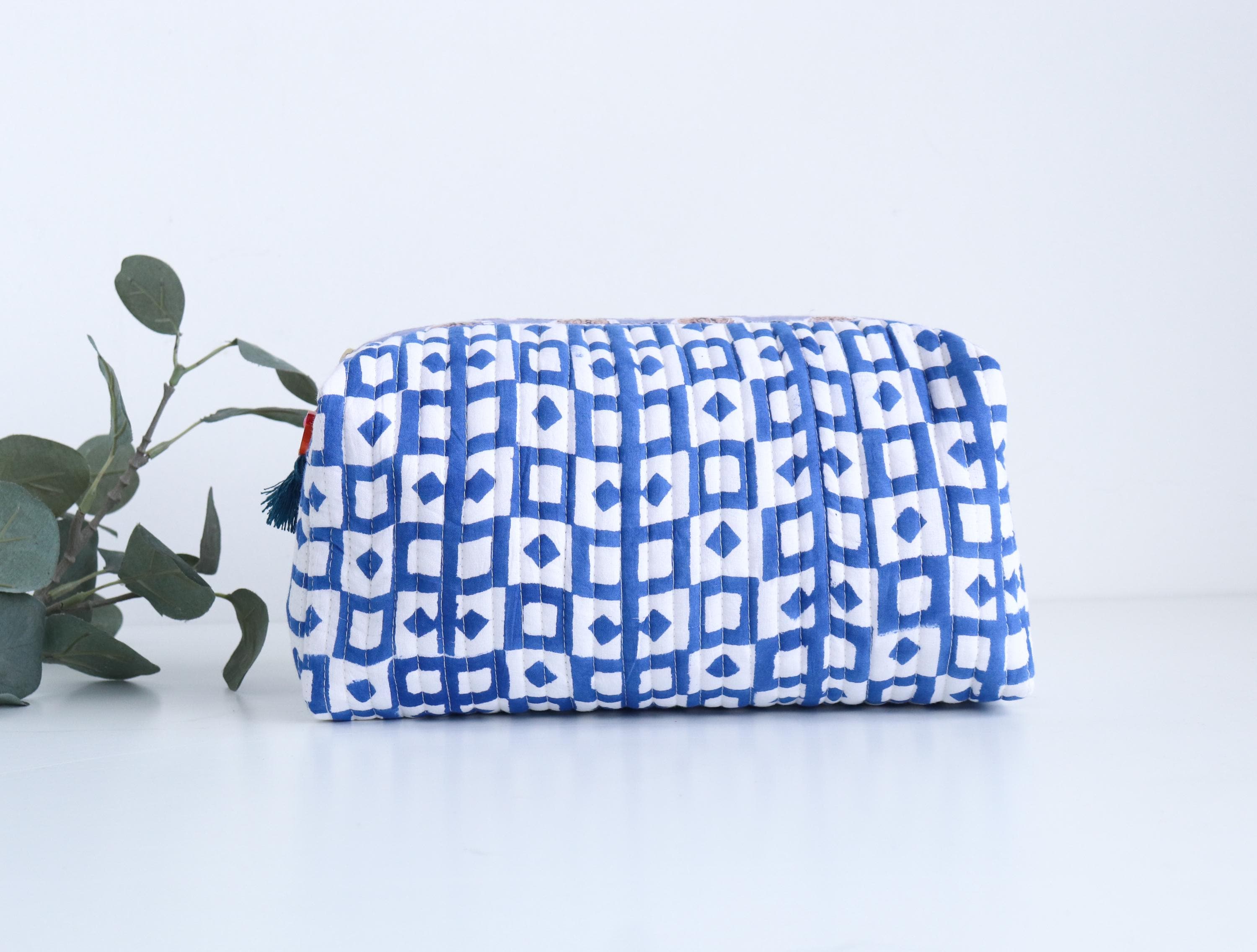 Floral Block Print Quilted Cosmetic Bag – Travel Toiletry Pouch