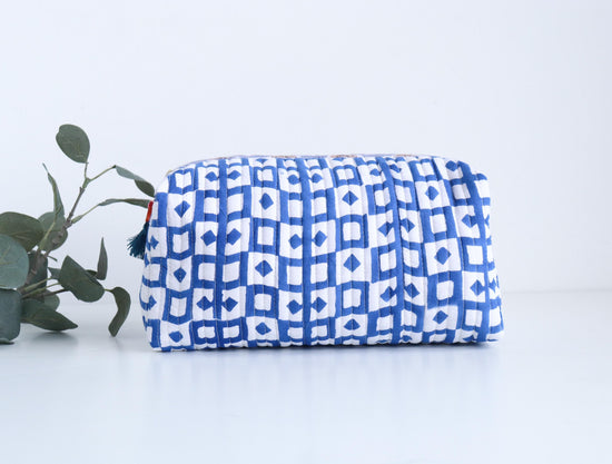 Floral Block Print Quilted Cosmetic Bag – Travel Toiletry Pouch