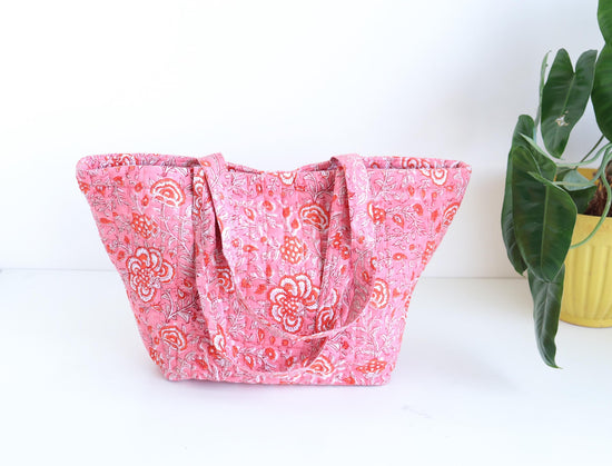 Quilted Boat Tote Bag | Pink Floral Block Print Shoulder Bag | Lightweight Travel Tote with Pocket | Everyday Market Bag | Gift for Her