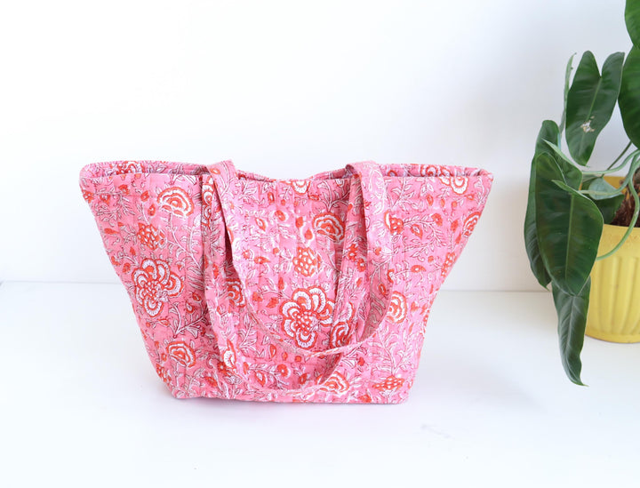 Quilted Boat Tote Bag | Pink Floral Block Print Shoulder Bag | Lightweight Travel Tote with Pocket | Everyday Market Bag | Gift for Her