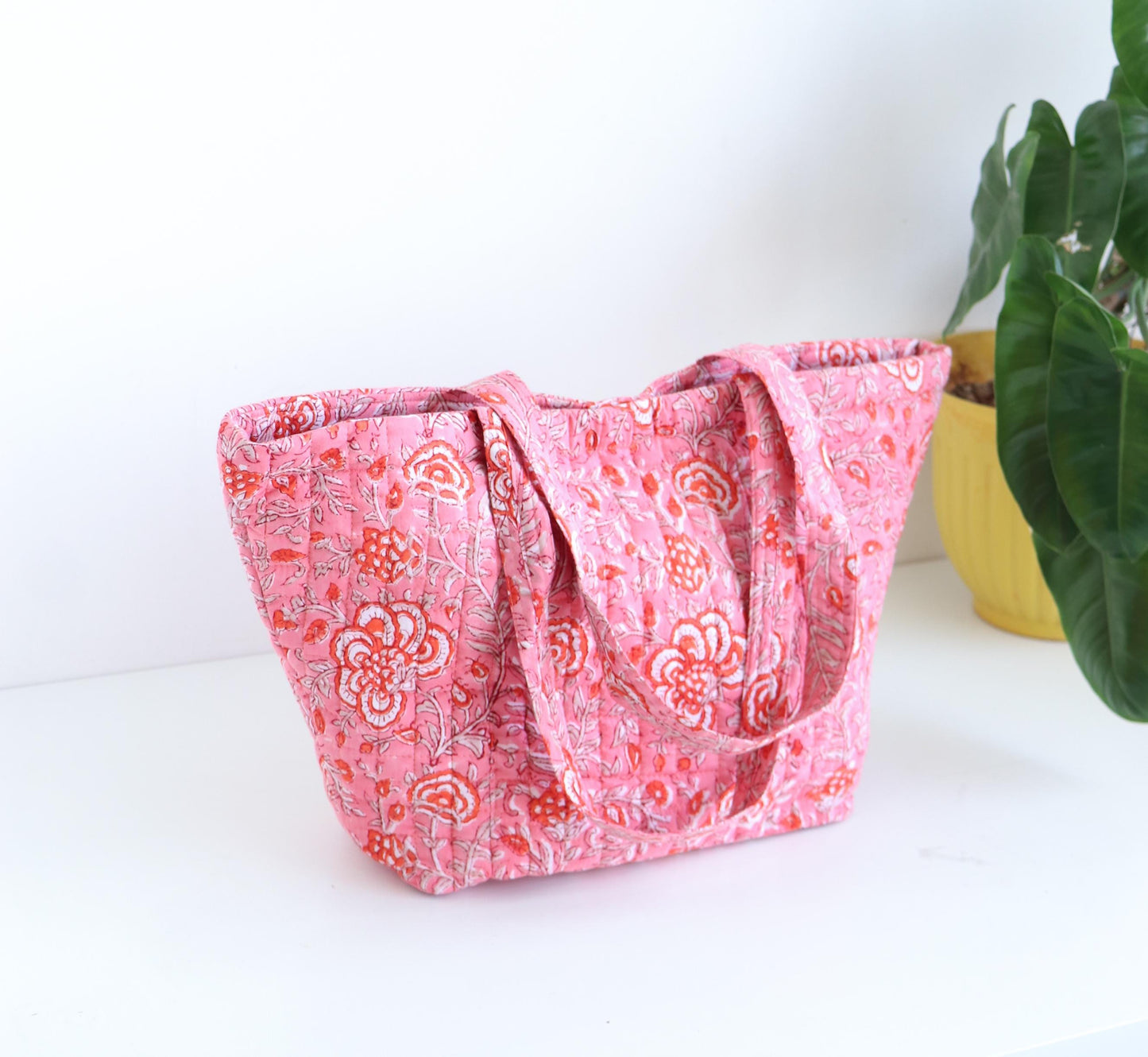 Quilted Boat Tote Bag | Pink Floral Block Print Shoulder Bag | Lightweight Travel Tote with Pocket | Everyday Market Bag | Gift for Her