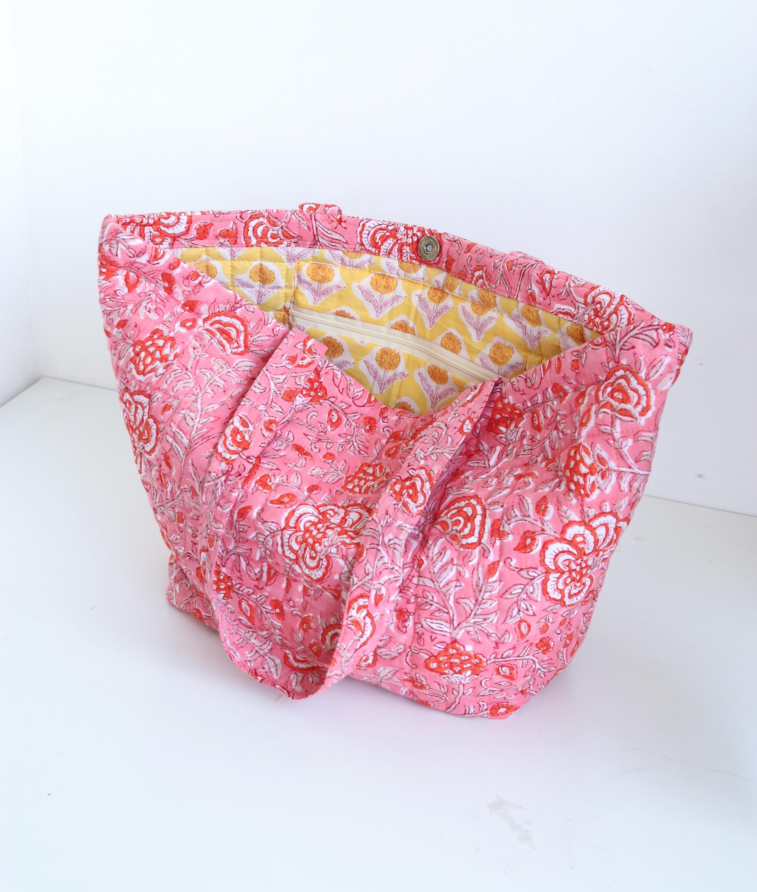 Quilted Boat Tote Bag | Pink Floral Block Print Shoulder Bag | Lightweight Travel Tote with Pocket | Everyday Market Bag | Gift for Her
