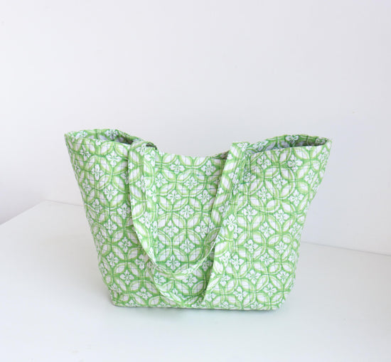 Quilted Cotton Tote Bag | Hand Block Print Shoulder Bag | Everyday Market Tote | Lightweight Travel Bag | Gift for Her | Green Boho Bag