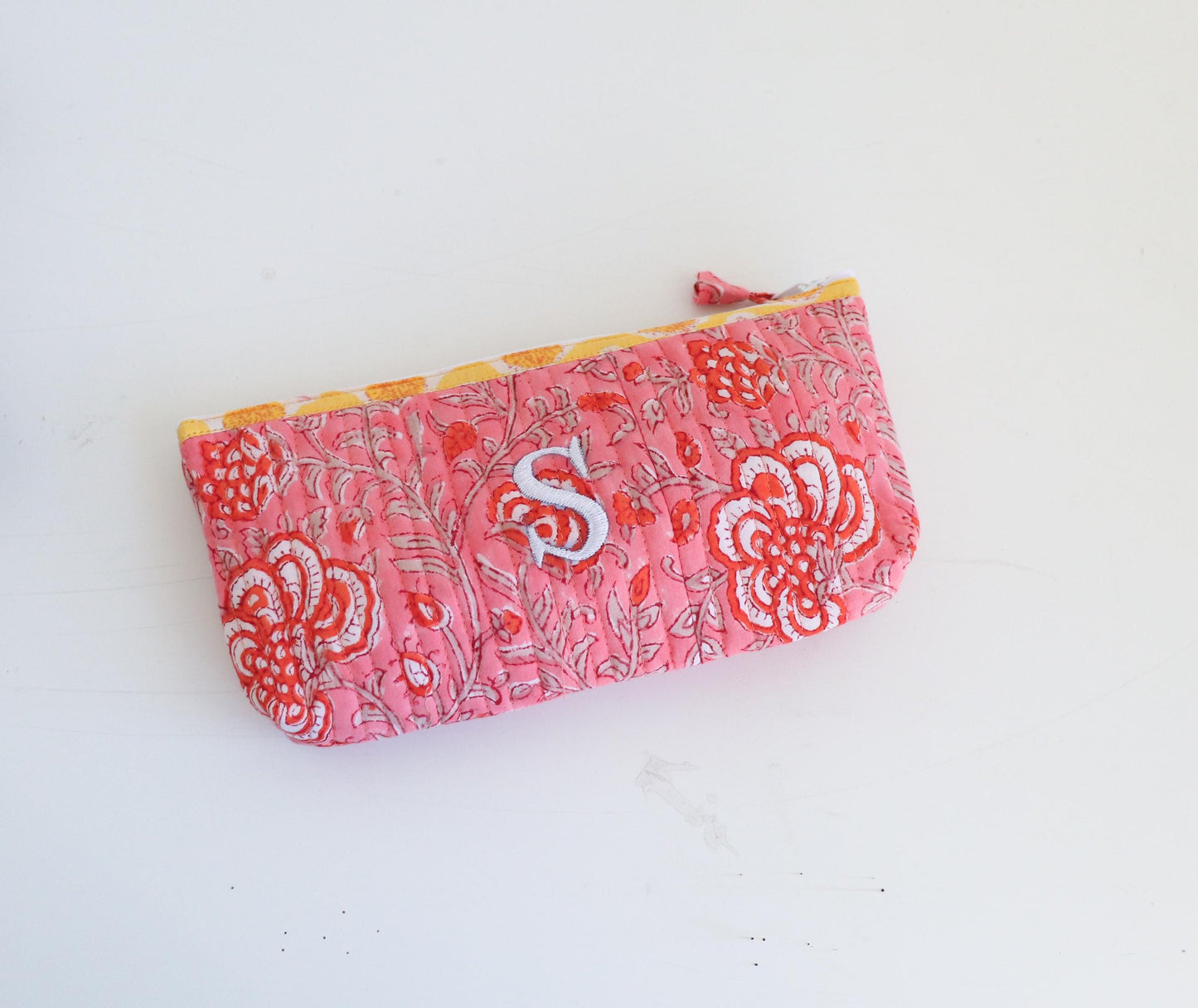 Personalized Floral Makeup Pouch – Hand Embroidered Travel Organizer