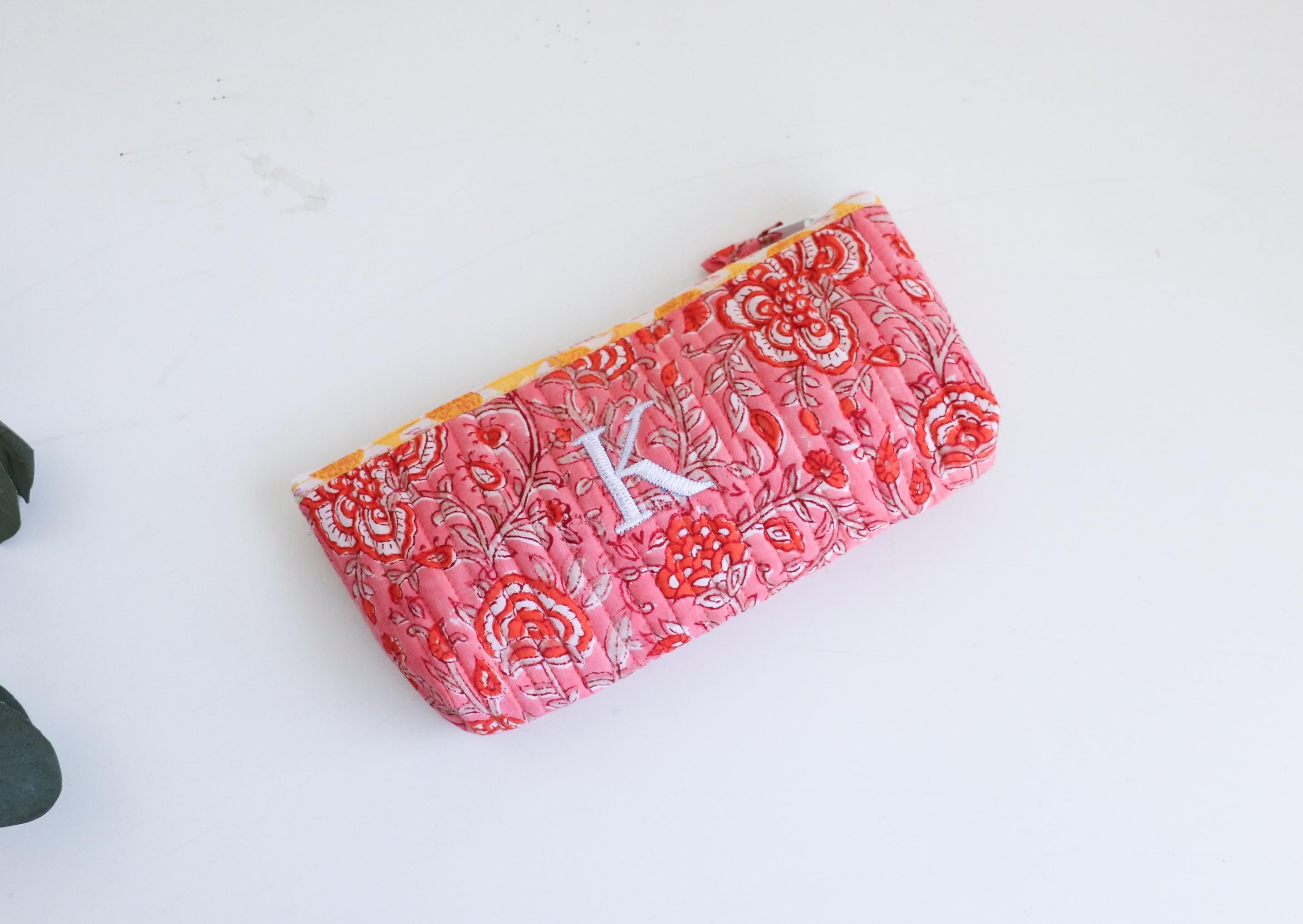 Personalized Floral Makeup Pouch – Hand Embroidered Travel Organizer