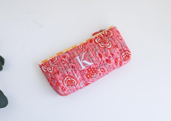 Personalized Floral Makeup Pouch – Hand Embroidered Travel Organizer