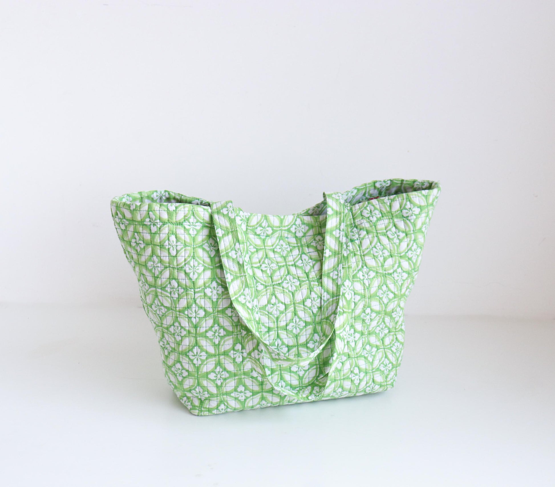 Quilted Cotton Tote Bag | Hand Block Print Shoulder Bag | Everyday Market Tote | Lightweight Travel Bag | Gift for Her | Green Boho Bag