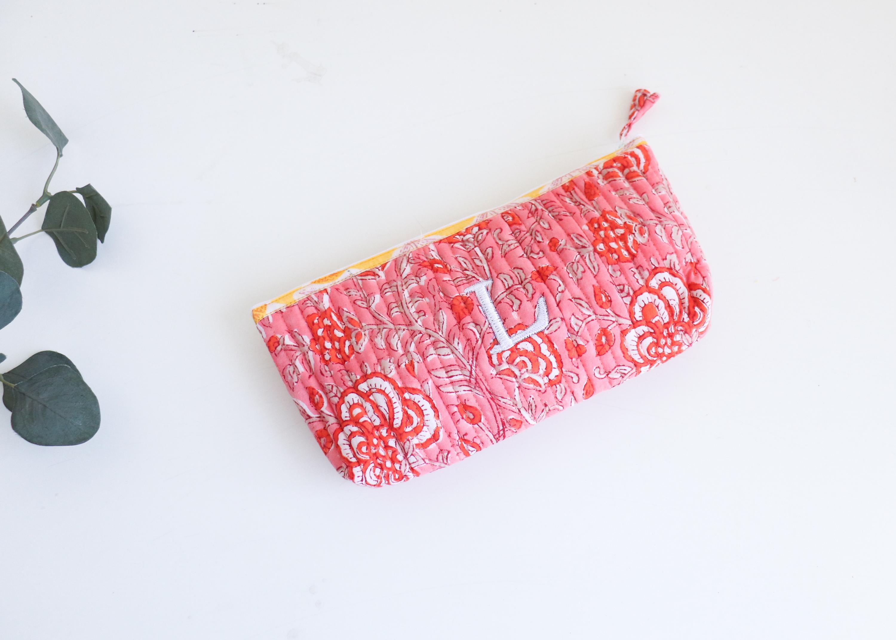 Personalized Floral Makeup Pouch – Hand Embroidered Travel Organizer