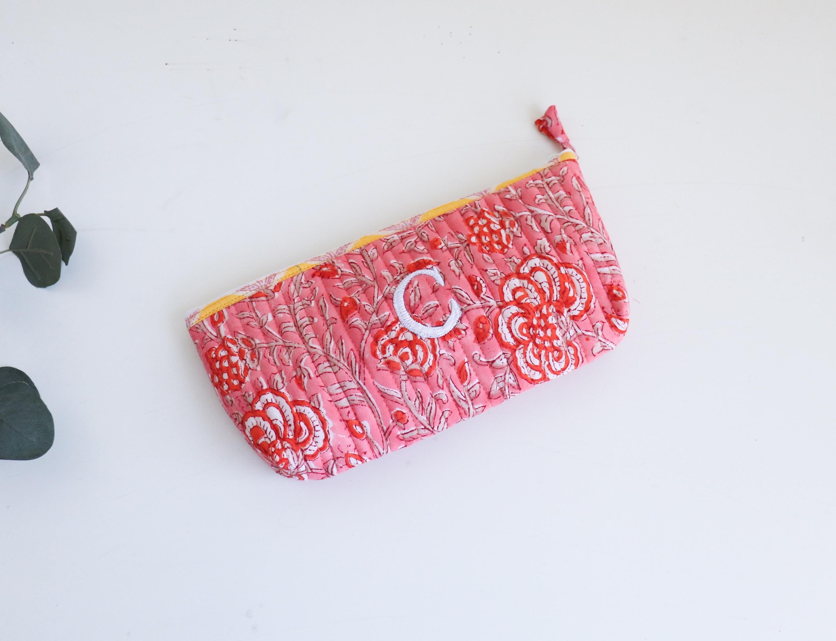 Personalized Floral Makeup Pouch – Hand Embroidered Travel Organizer