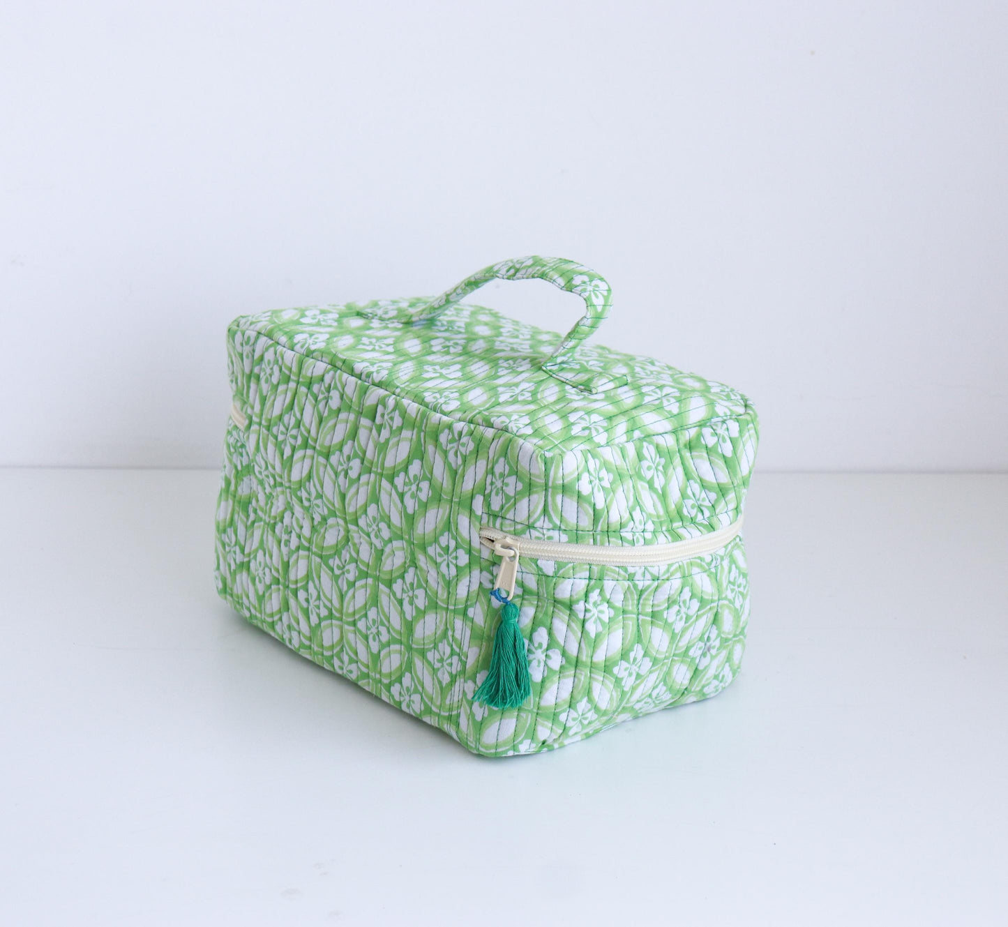 Handcrafted Quilted Cotton Vanity Bag – Floral Block Print Travel Organizer