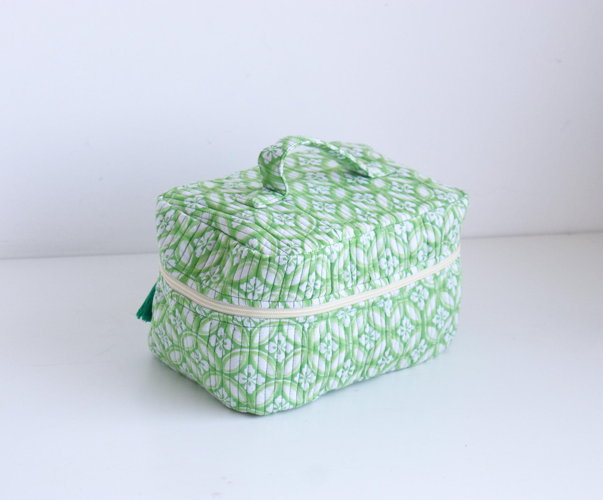 Handcrafted Quilted Cotton Vanity Bag – Floral Block Print Travel Organizer