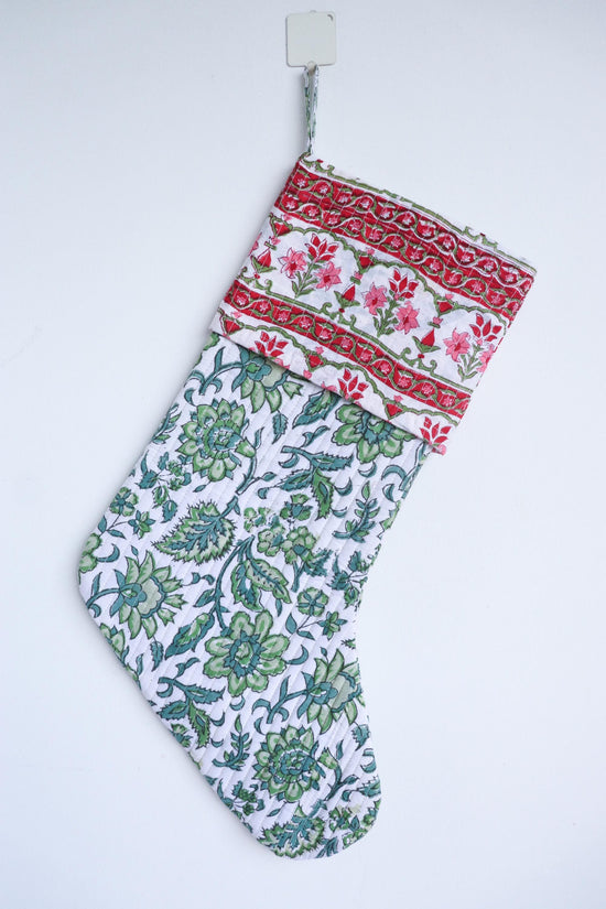 White & Green Block Print Christmas Stocking - Colorful Washable Holiday Decor - Handmade Cotton Boho Gift