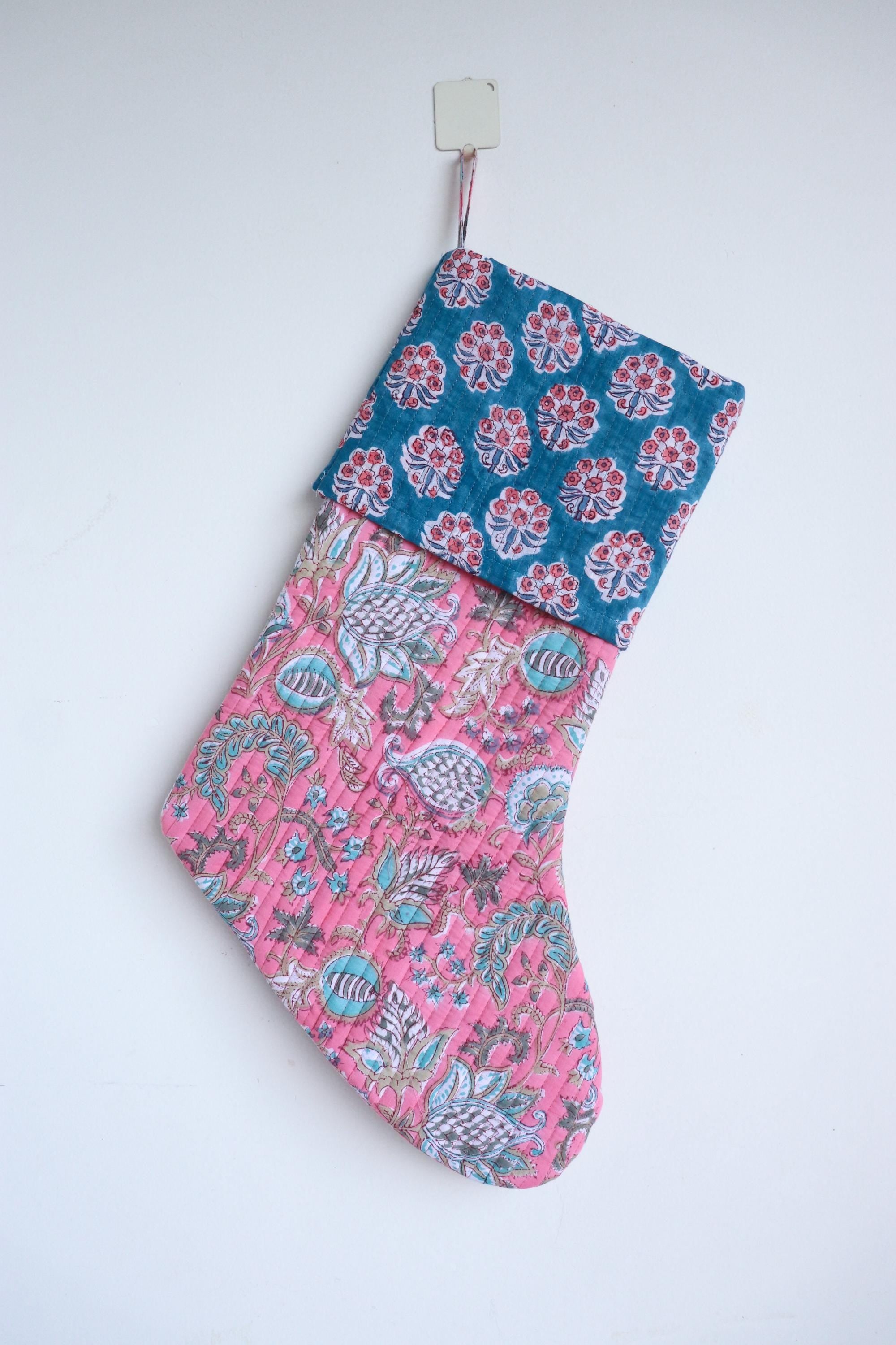 Quilted Christmas Stocking - Pink & Blue Block Print, Farmhouse Decor