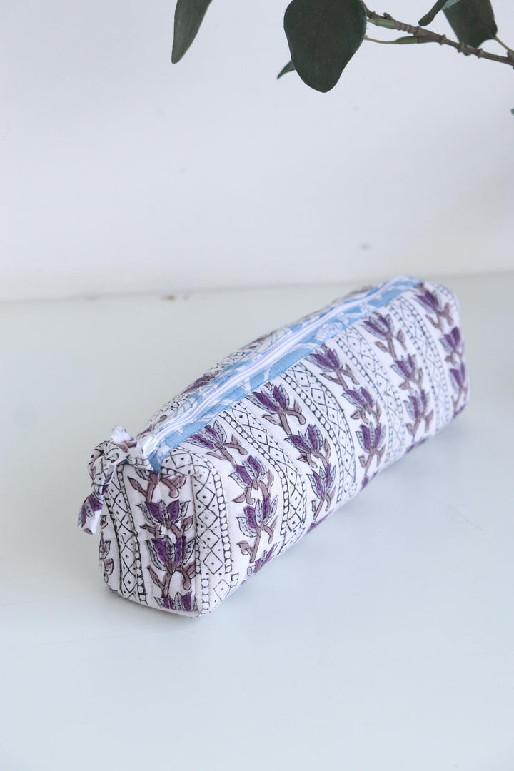 White and Purple Quilted Pencil Pouch, Makeup Brush Holder, Teacher's Gift, Mini Cosmetic Bag, Jewelry Pouch, Handmade Case, Round Bag