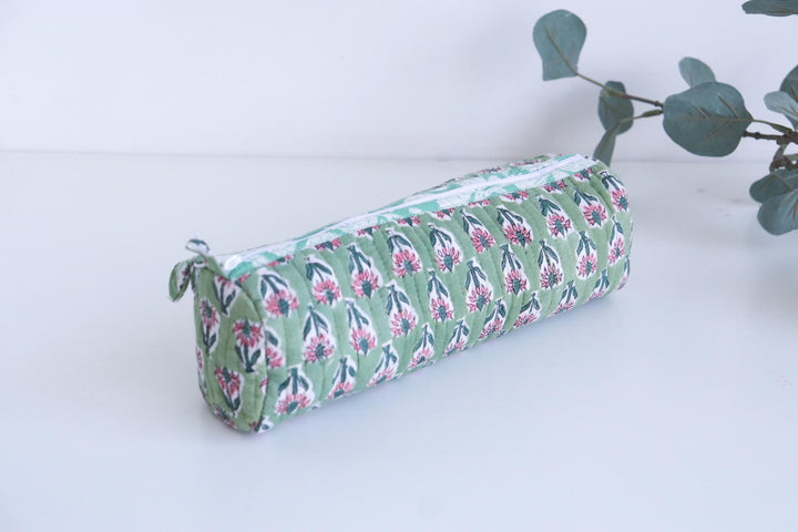Floral Quilted Pencil Pouch, Makeup Brush Holder, Teacher's Gift, Mini Cosmetic Bag, Jewelry Pouch, Handmade Case