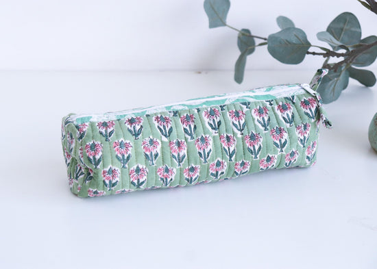 Floral Quilted Pencil Pouch, Makeup Brush Holder, Teacher's Gift, Mini Cosmetic Bag, Jewelry Pouch, Handmade Case