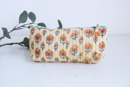 Floral Makeup Bag – Foldable Cotton Travel Organizer - Zipper Utility Pouch - Small Accessories Kit - Yellow Pencil Case - Brush Holder