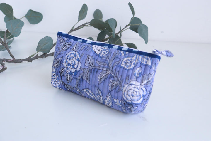 Floral Makeup Bag – Foldable Cotton Travel Organizer - Zipper Utility Pouch - Small Accessories Kit - Purple Pencil Case - Blue Brush Holder