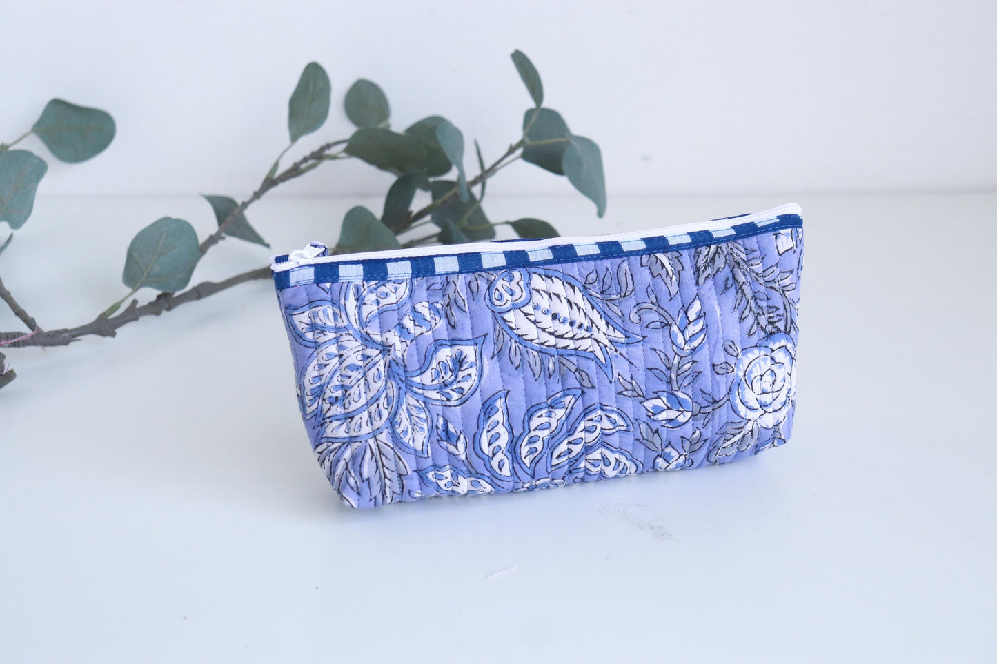 Floral Makeup Bag – Foldable Cotton Travel Organizer - Zipper Utility Pouch - Small Accessories Kit - Purple Pencil Case - Blue Brush Holder