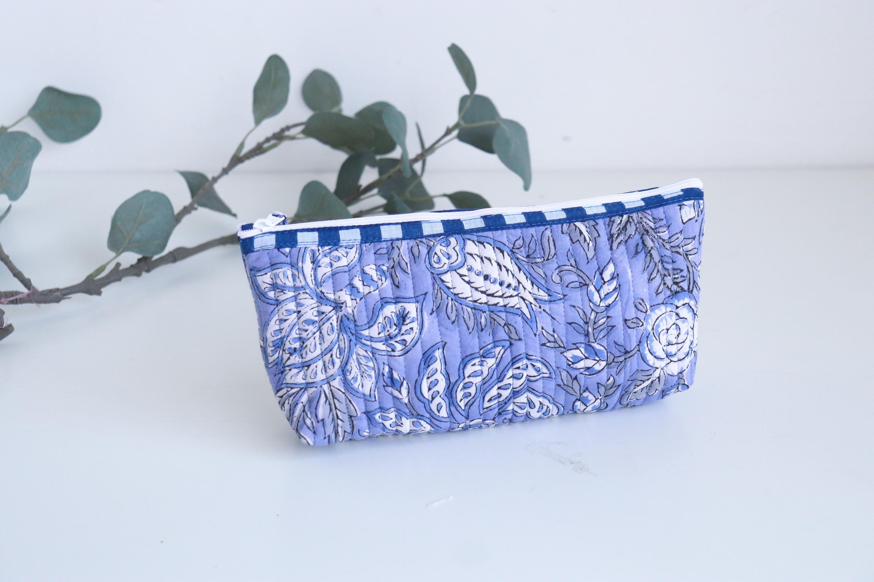 Floral Makeup Bag – Foldable Cotton Travel Organizer - Zipper Utility Pouch - Small Accessories Kit - Purple Pencil Case - Blue Brush Holder