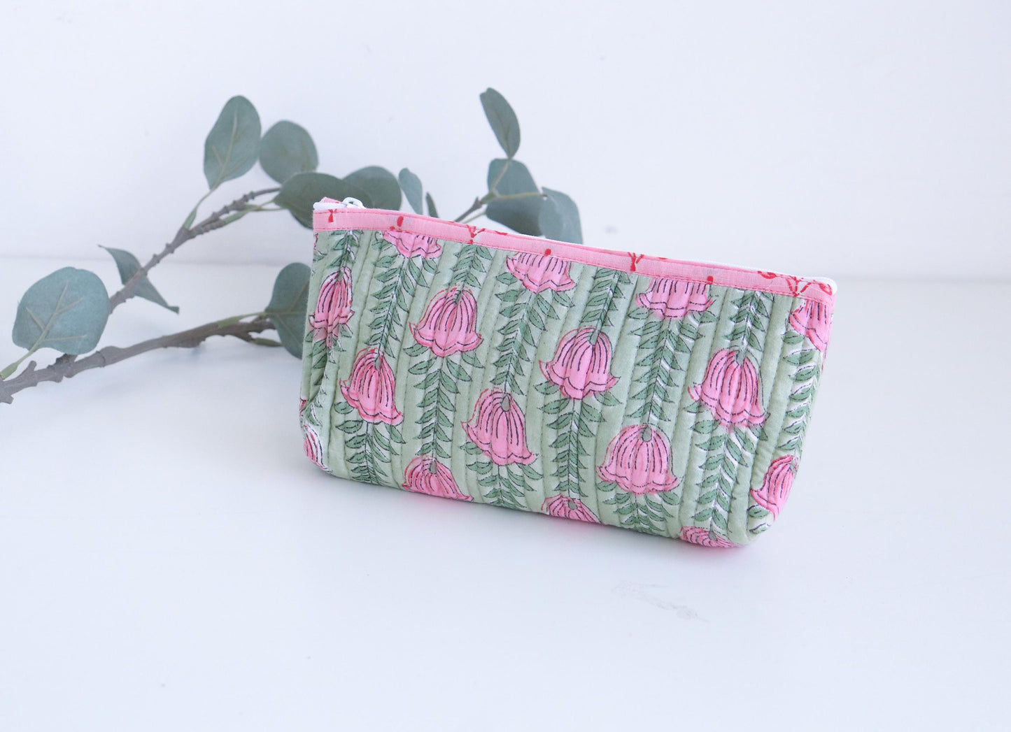 Floral Makeup Bag - Green Pencil Case - Pink Brush Holder