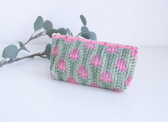 Floral Makeup Bag - Green Pencil Case - Pink Brush Holder