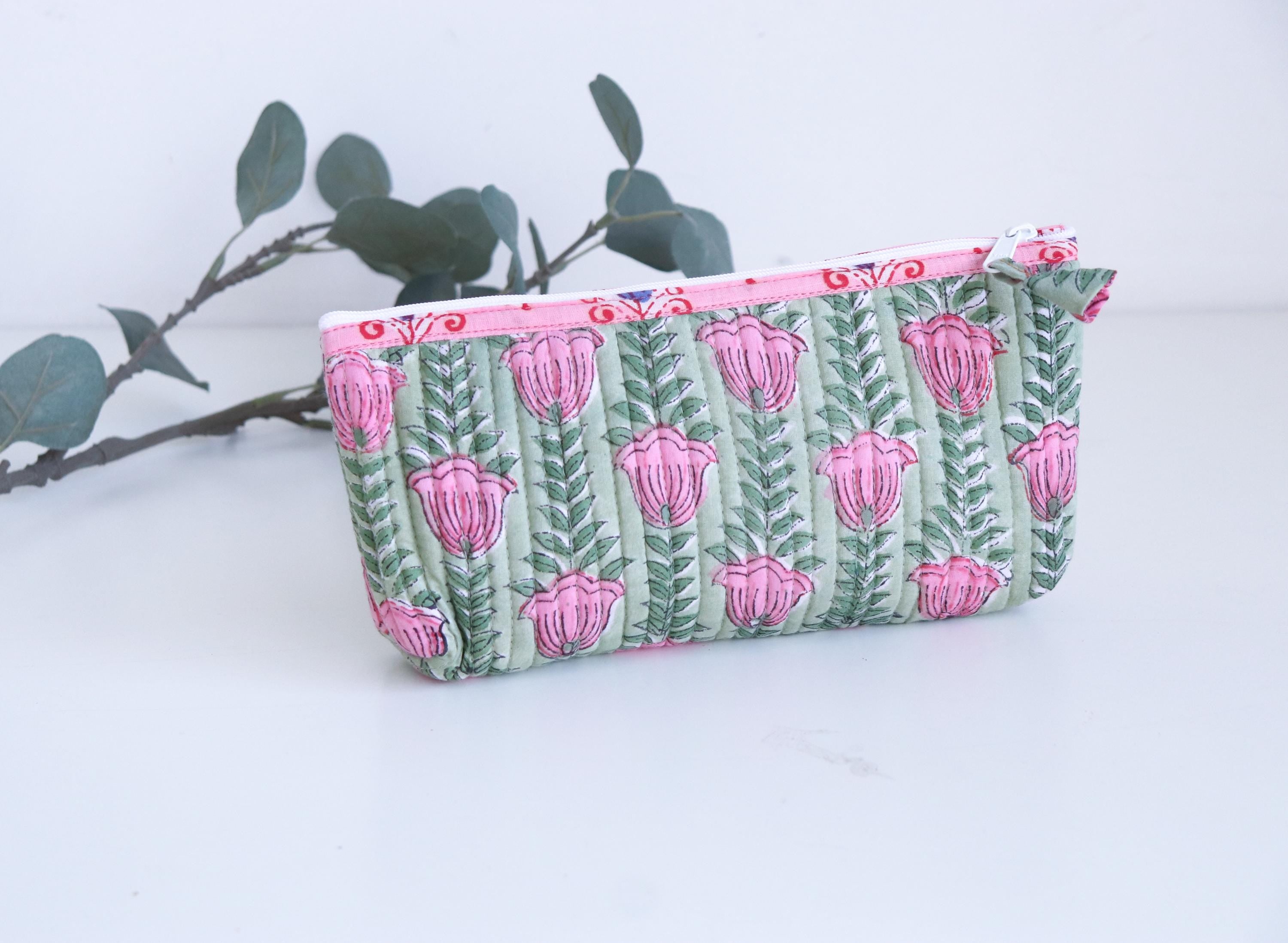 Floral Makeup Bag - Green Pencil Case - Pink Brush Holder