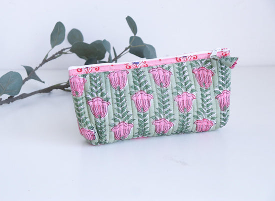 Floral Makeup Bag - Green Pencil Case - Pink Brush Holder