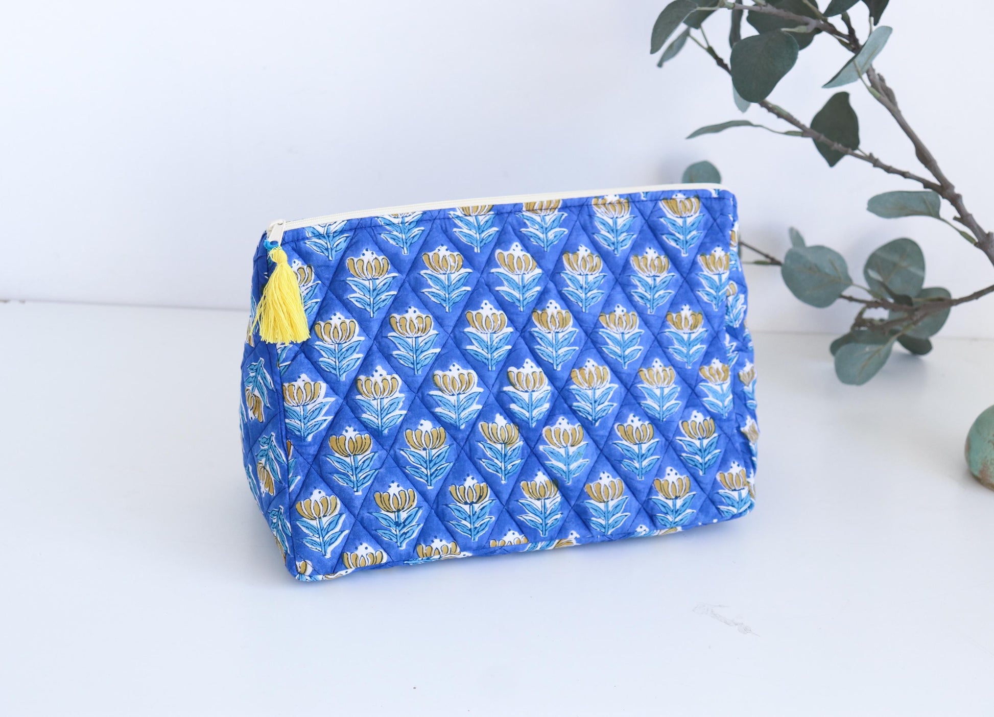 Blue Travel Toiletry Bag, Boho Hair Dryer Bag,  Makeup Bag, Block Printed Travel Organizer, Leak Proof Cosmetic Pouch, Bridesmaid Purse,