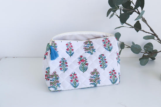 Boho Hair Accessories Standup Pouch - Leak Proof Handmade Toiletry Clutch - Large Travel Makeup Bag - White & Red Bridesmaid Purse