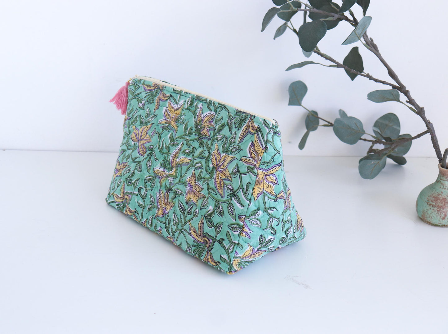 Boho Dyson Airwrap Standup Pouch - Leak Proof Handmade Toiletry Clutch - Large Travel Makeup Bag - Green & Pink Bridesmid Purse with Tassel