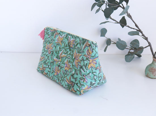 Boho Dyson Airwrap Standup Pouch - Leak Proof Handmade Toiletry Clutch - Large Travel Makeup Bag - Green & Pink Bridesmid Purse with Tassel
