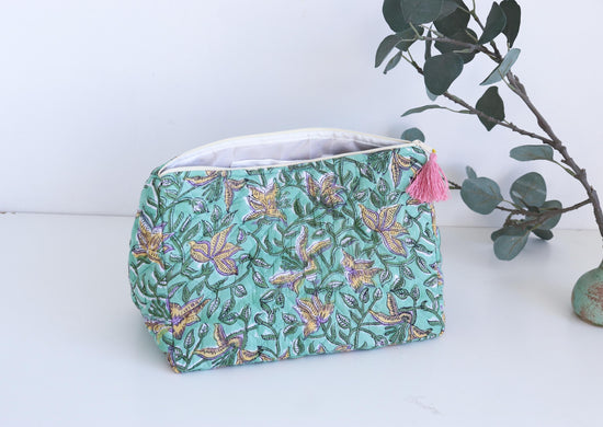 Boho Dyson Airwrap Standup Pouch - Leak Proof Handmade Toiletry Clutch - Large Travel Makeup Bag - Green & Pink Bridesmid Purse with Tassel
