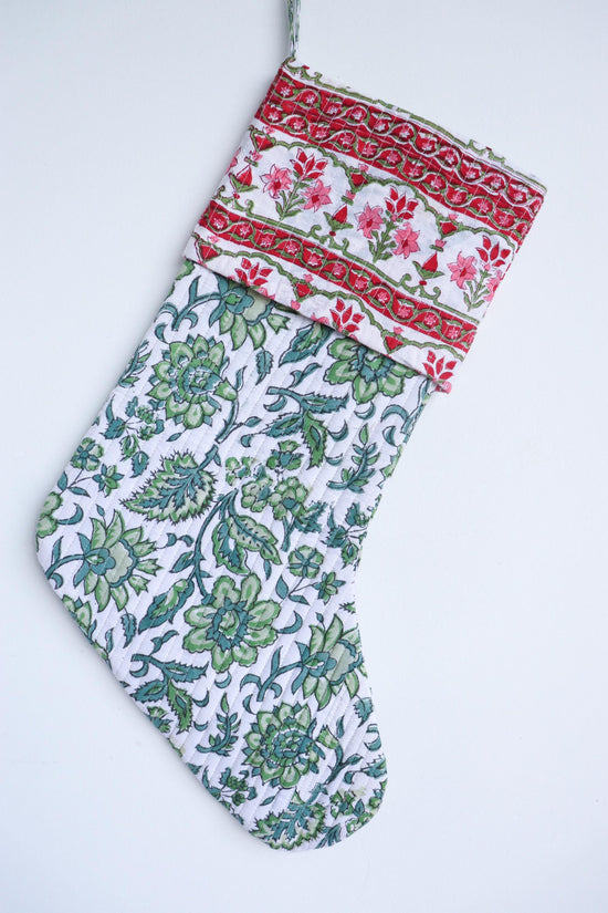 White & Green Block Print Christmas Stocking - Colorful Washable Holiday Decor - Handmade Cotton Boho Gift