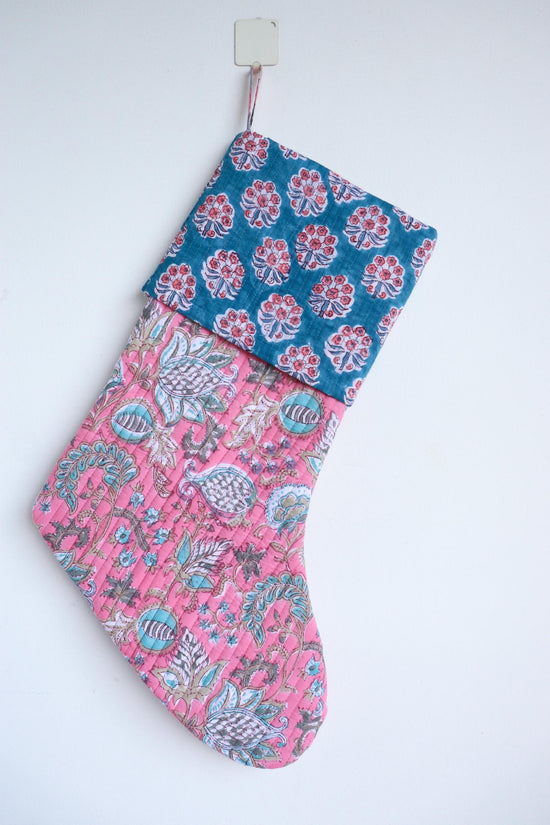 Quilted Christmas Stocking - Pink & Blue Block Print, Farmhouse Decor