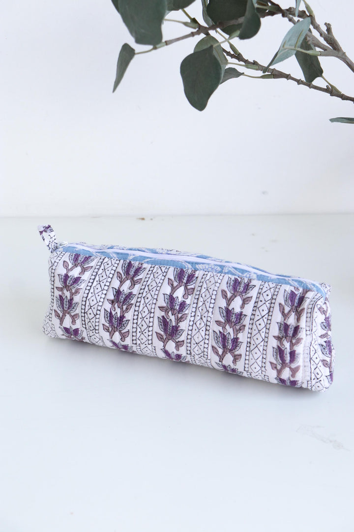 White and Purple Quilted Pencil Pouch, Makeup Brush Holder, Teacher's Gift, Mini Cosmetic Bag, Jewelry Pouch, Handmade Case, Round Bag