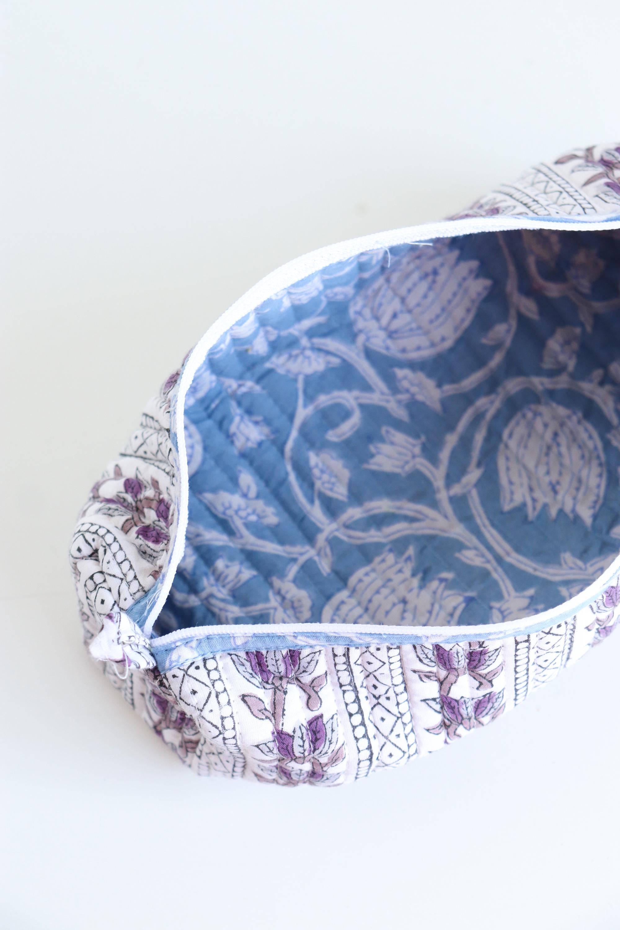White and Purple Quilted Pencil Pouch, Makeup Brush Holder, Teacher's Gift, Mini Cosmetic Bag, Jewelry Pouch, Handmade Case, Round Bag