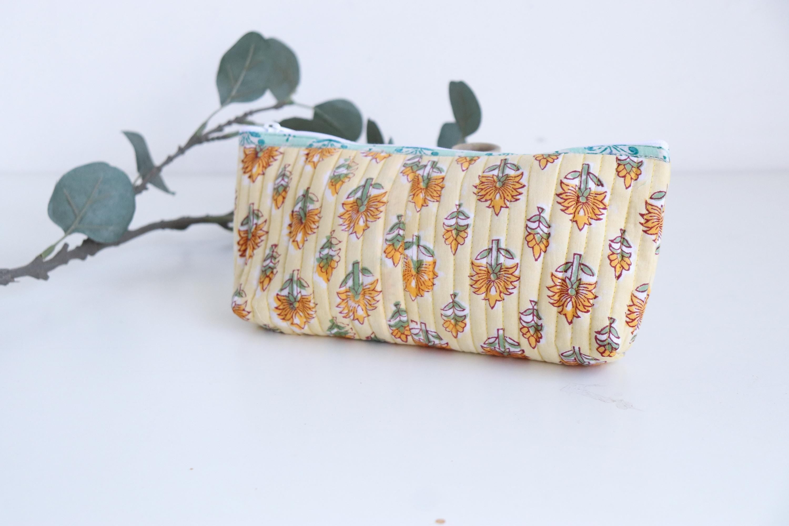Floral Makeup Bag – Foldable Cotton Travel Organizer - Zipper Utility Pouch - Small Accessories Kit - Yellow Pencil Case - Brush Holder