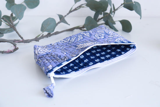 Floral Makeup Bag – Foldable Cotton Travel Organizer - Zipper Utility Pouch - Small Accessories Kit - Purple Pencil Case - Blue Brush Holder
