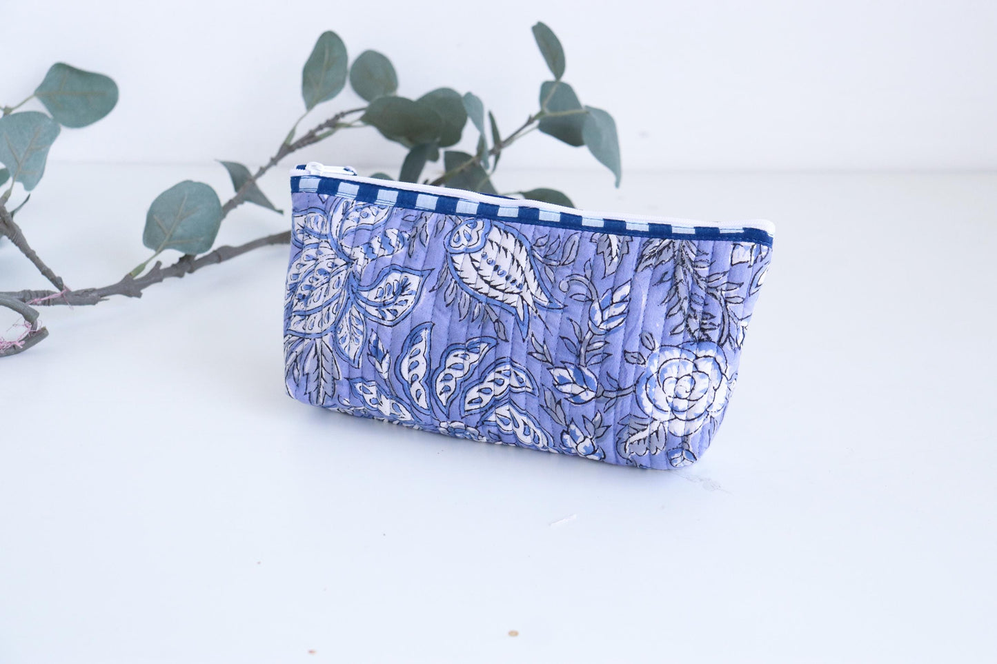Floral Makeup Bag – Foldable Cotton Travel Organizer - Zipper Utility Pouch - Small Accessories Kit - Purple Pencil Case - Blue Brush Holder