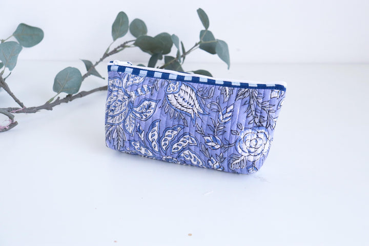 Floral Makeup Bag – Foldable Cotton Travel Organizer - Zipper Utility Pouch - Small Accessories Kit - Purple Pencil Case - Blue Brush Holder
